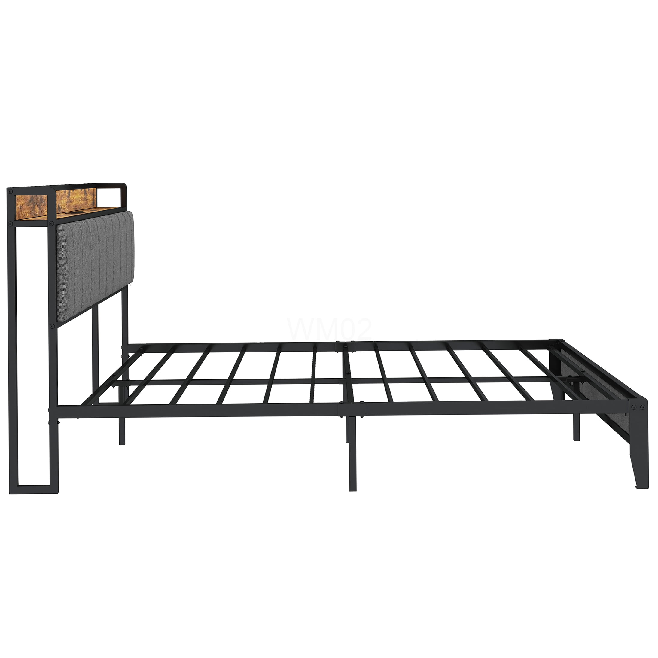 King Size Bed Frame with Upholstered Headboard and USB Charging Station, Heavy Duty Metal Platform, Grey