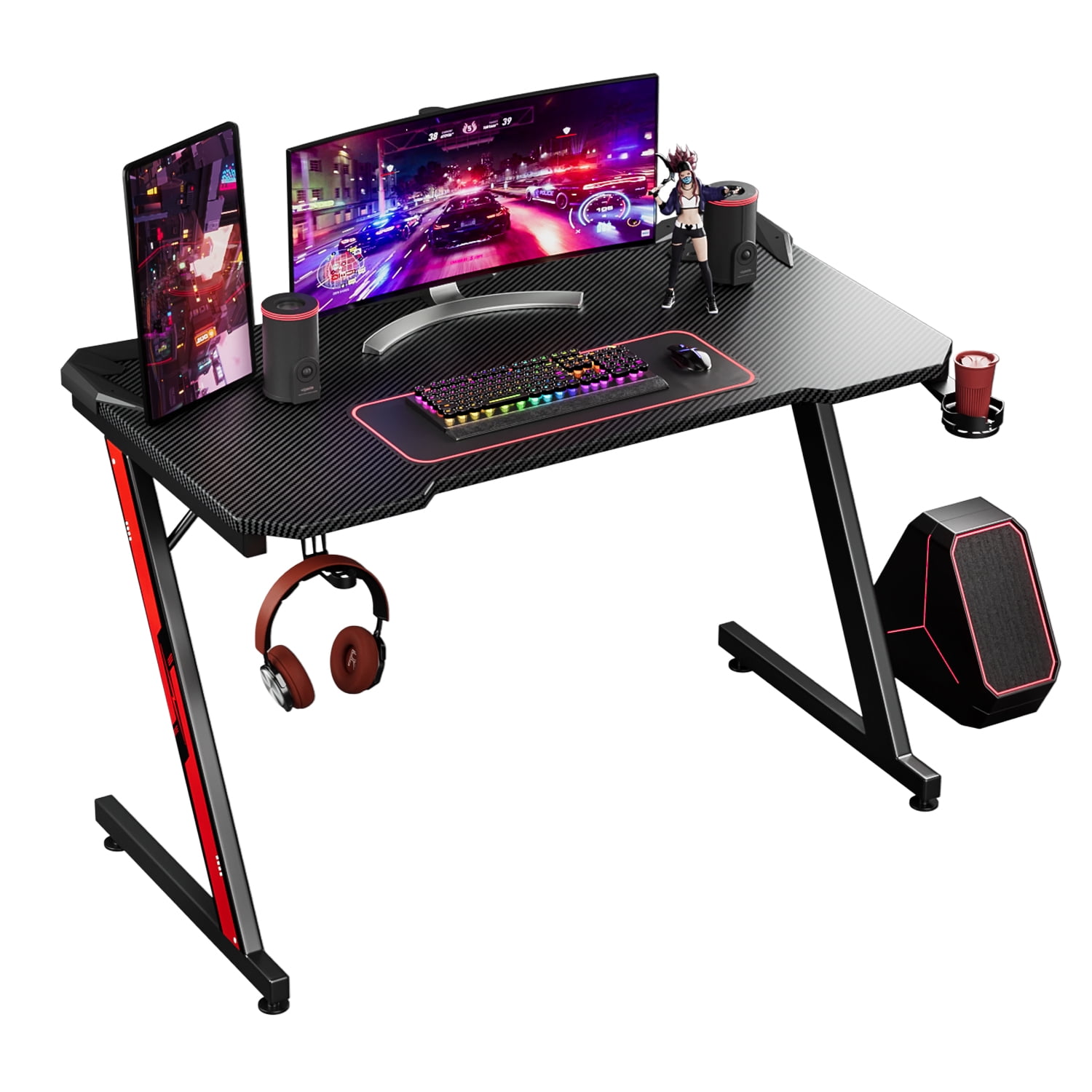 Z-Shaped Gaming Desk Computer Table Home office Racing Table w/Blue LED Light 
