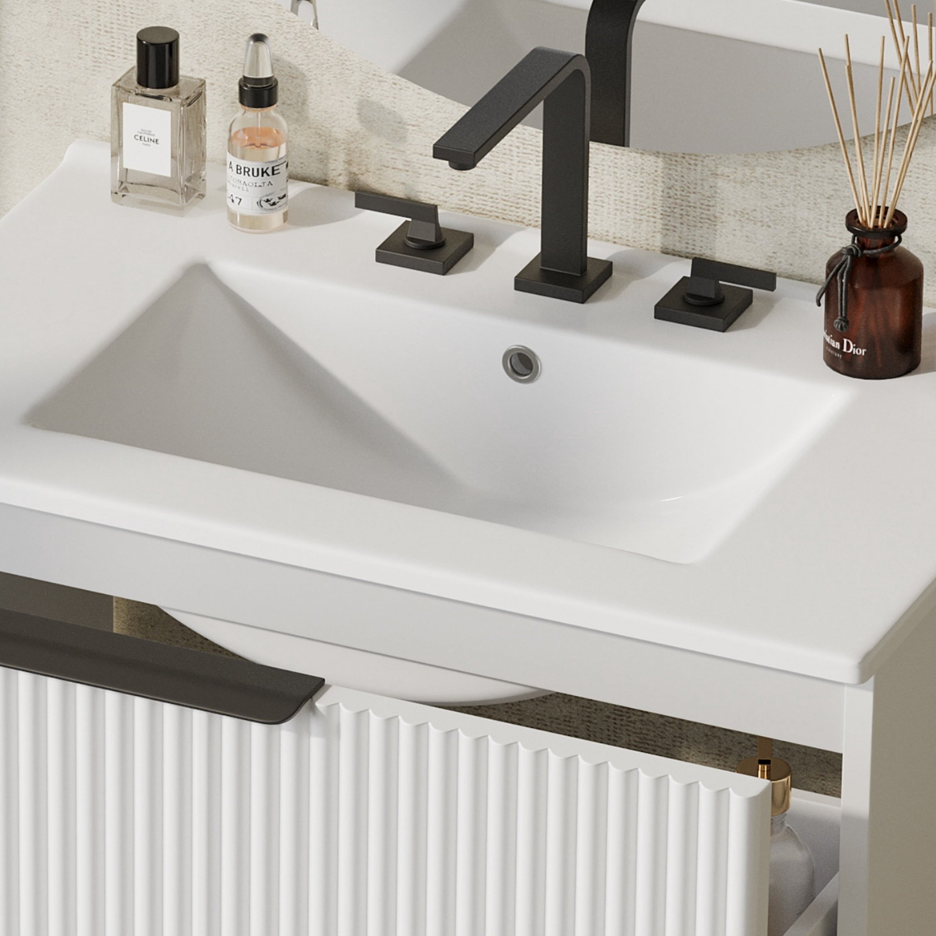 30" Bathroom Vanity with Ceramic Sink and Full-Extension Drawers, Freestanding Bathroom Vanity with Soft Close Drawer Slides, Fluted Design, White