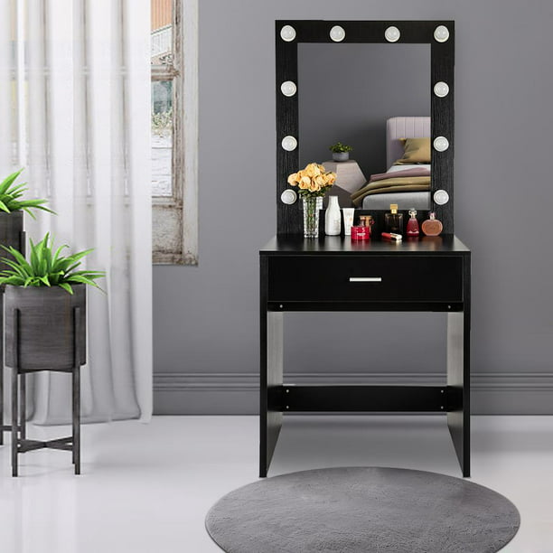 Ktaxon Vanity Table With 10 Led Lighted, Black Makeup Vanity Table With Lighted Mirror