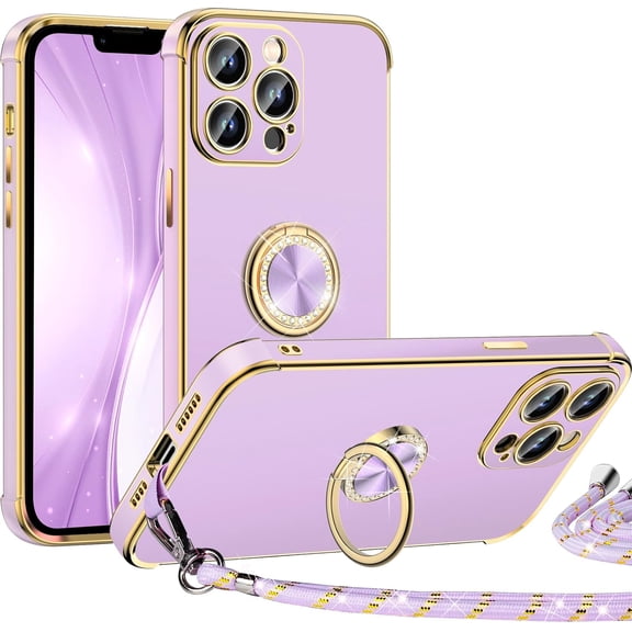 ZUKKASHAN for iPhone 12 Pro Max Case with Ring Holder Stand, Electroplated Luxury Phone Case with Lanyard Women Girls, Soft TPU Protective Shockproof Cover for iPhone 12 Pro Max 6.7"