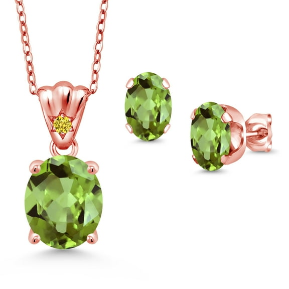 18K Rose Gold Plated Silver Green Peridot and Golden Yellow Zirconia Pendant and Earrings Jewelry Set for Women (5.87 Cttw, Gemstone Birthstone, Oval 11X9MM and 8X6MM with 18 inch Silver Chain)