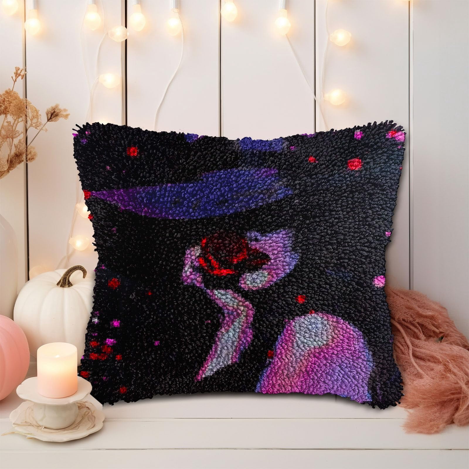Beauty Woman Lips Rose DIY Latch Hook Pillow Kits for Adults Printed Pillowcase Crochet Yarns Hooking Handmade Pillow Cover Cushion for Home Sofa Decoration 17x17inch