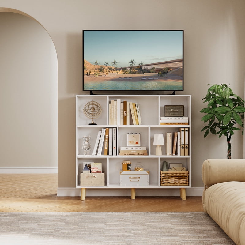 Homall Cube Bookshelf 3-Layer Modern Bookcase with Legs, Retro Wooden Bookshelf Storage Organizer Bookshelf, Independent Open Bookshelf, Bedroom, Living Room, Office,White