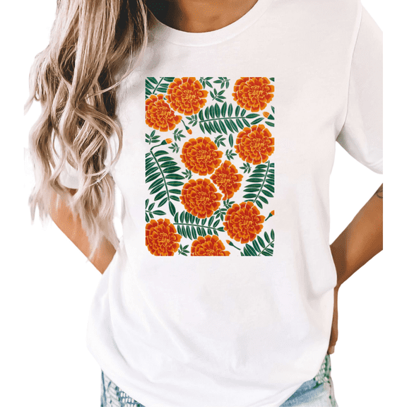 UNISHE Women's Vibrant Marigold Floral Graphic White Short Sleeve T-Shirt Casual Cotton Crewneck Top