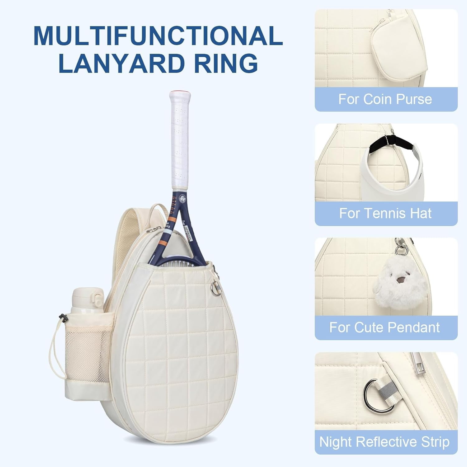 Quilted Tennis Backpack for 2 Rackets, Slim & Lightweight Waterproof Sling Bag for Tennis, Pickleball, Padel, Crossbody Sport Bag for Men & Women