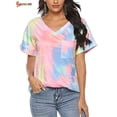 thumbnail image 2 of Spencer Womens Tie-Dye Printed Gradient Pocket Front T-Shirts V Neck Short Sleeve Casual Tunic Blouse Tops (L, Pink), 2 of 8