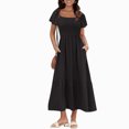 thumbnail image 4 of Daiosportswear Womens Summer Casual Midi Dress Square Neck Ruffle Short Sleeve Smocked High Waist A Line Wedding Guest Dresses,Women'S Short-Sleeved Dress Black XXXL, 4 of 9