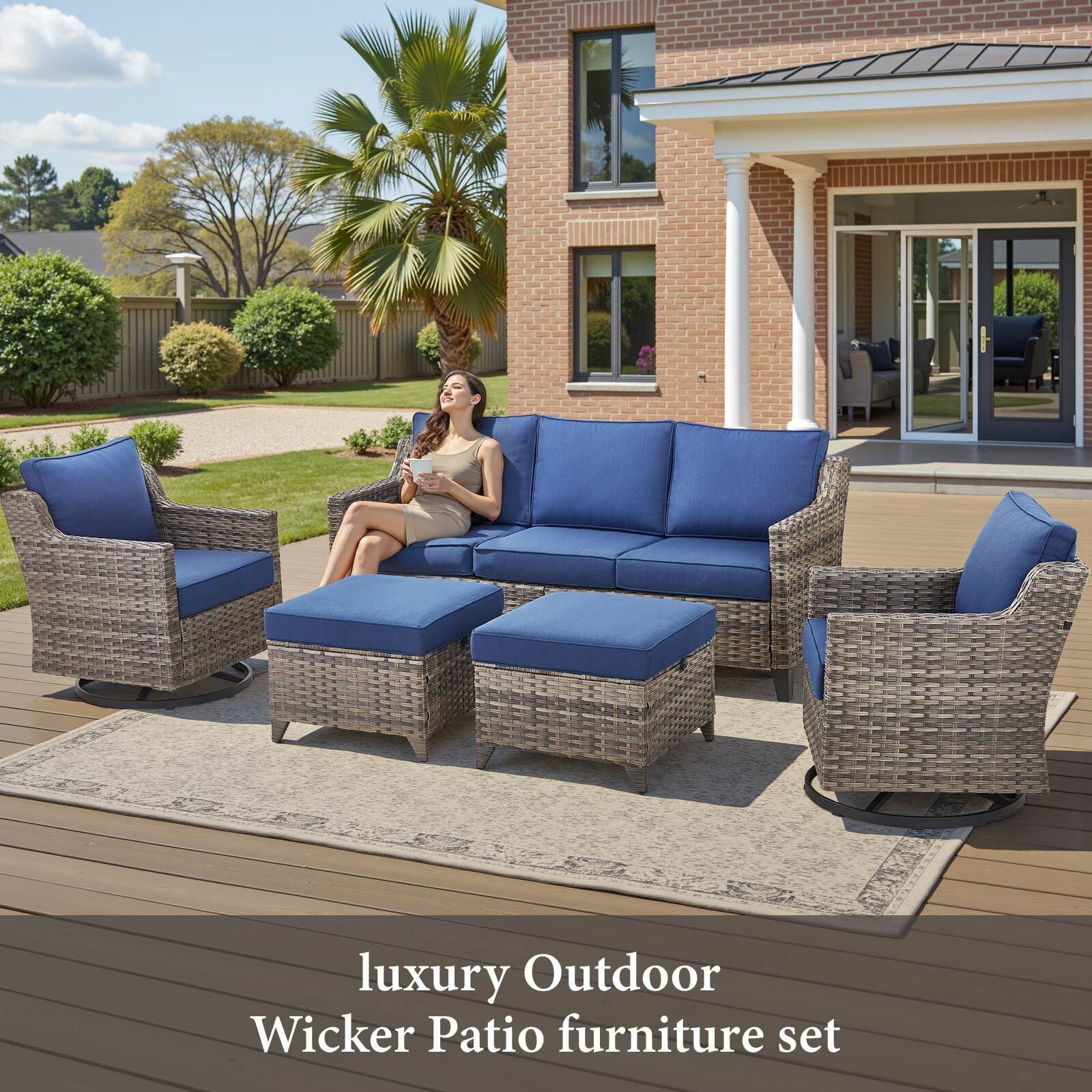 Bellefurn 7 Pieces Patio Furniture Sets with Swivel Chairs,All-Weather Outdoor Conversation Sets with 2 High Back Couch,Outdoor Swivel Rocker Chairs,Coffee Tabel for Porch Deck Backyard
