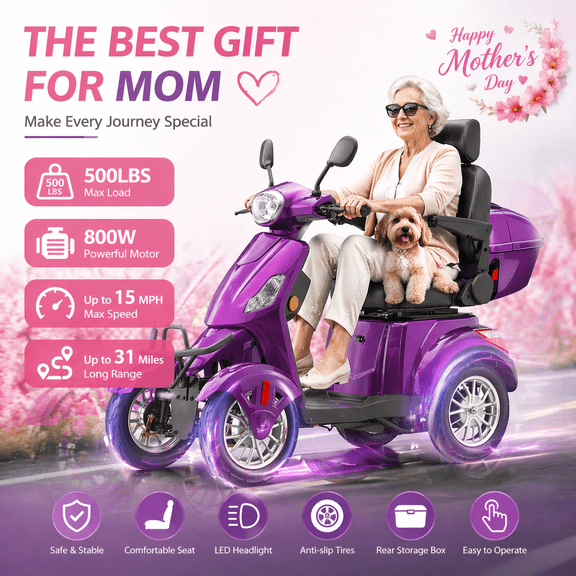 Mosta 4 Wheel Mobility Scooters for Seniors, Adult Scooter with 800W Motor, Heavy Duty Electric Scooter with 500 lb Capacity, 31 Miles Long Range and Speed Adjust Medical Scooter