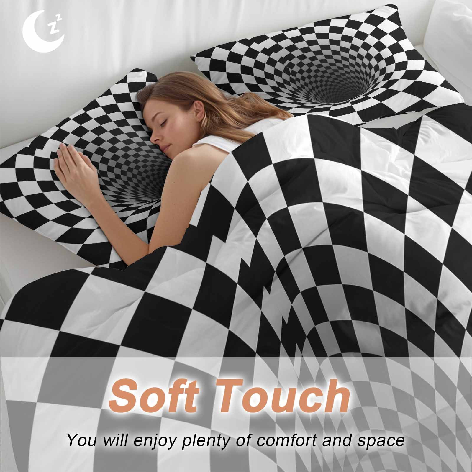 3D Optical Illusion Bedding 3 Piece Duvet Cover Set Queen Size, Black White Checkered Gingham Plaid Vortex Microfiber Comforter Cover with Zipper Closure & Pillowcases, FadeResistant Quilt Cover