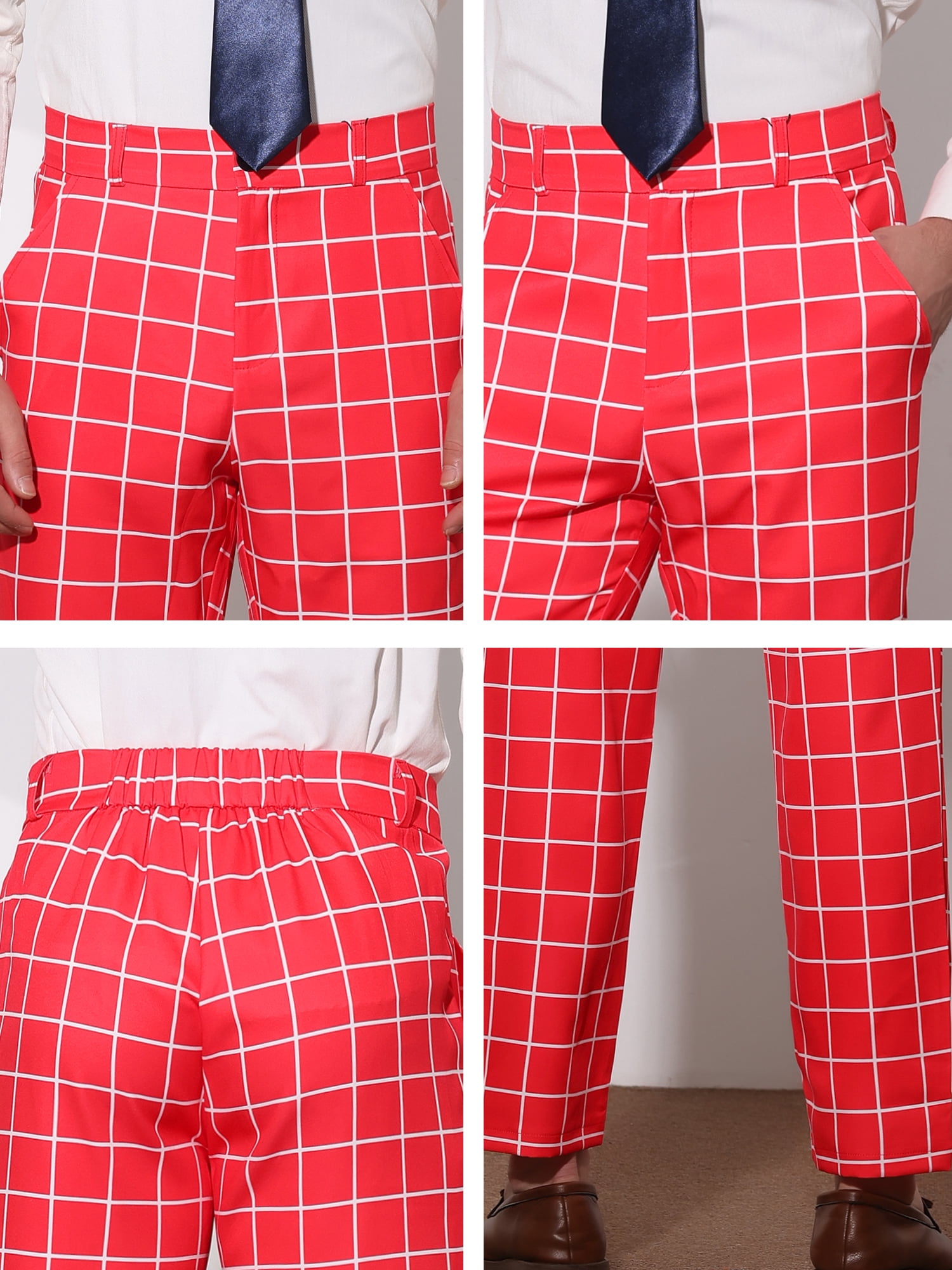 Unique Bargains Men's Plaid Printed Straight Leg Business Casual Checked Pants 28 Red White
