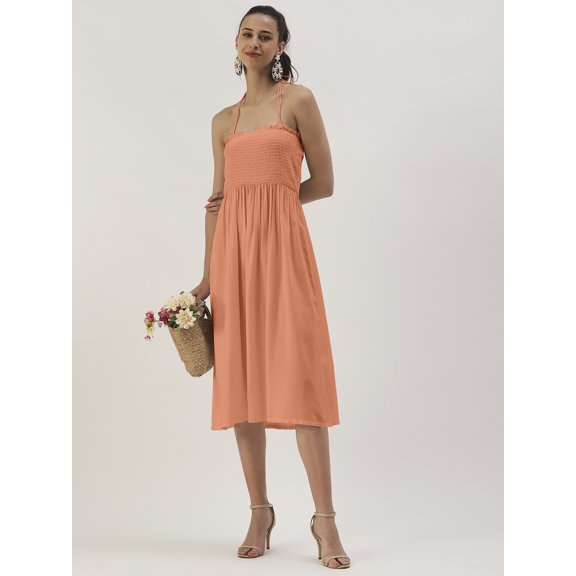 DressBerry Women’s Solid Viscose Rayon Square Neck Smocked Bust Flared Hem Adjustable Strapped Shoulders Light Weighted Casual Summerwear Beachwear Partywear All Purpose One Piece Dress