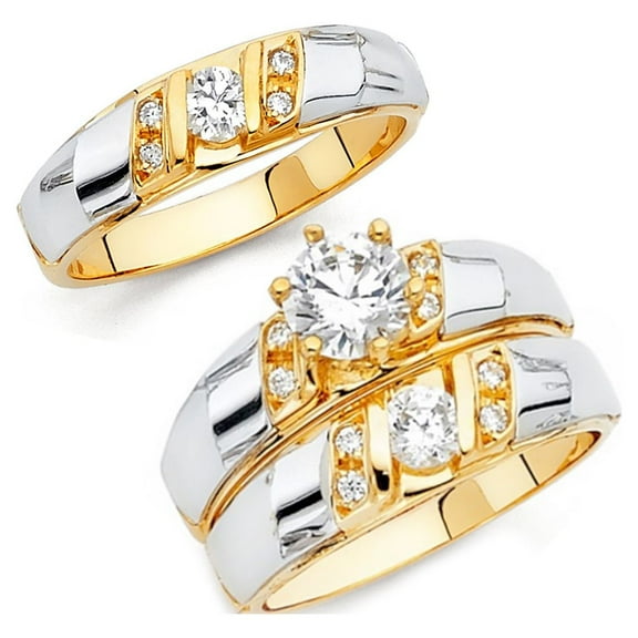 14k Two Tone Gold Round 2 ct CZ Matching Wedding Ring Trio Set His & Hers