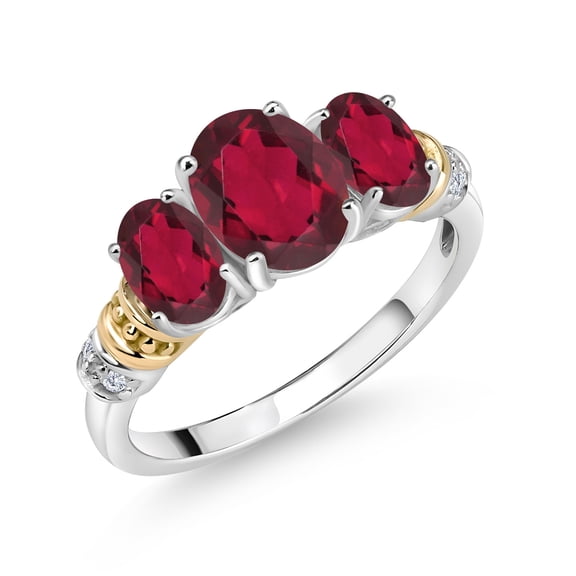 Gem Stone King 925 Sterling Silver and 10K Yellow Gold Oval Ruby Red Mystic Topaz and White Diamond 3 Stone Ring for Women (2.33 Cttw, Gemstone Birthstone, Size 8)