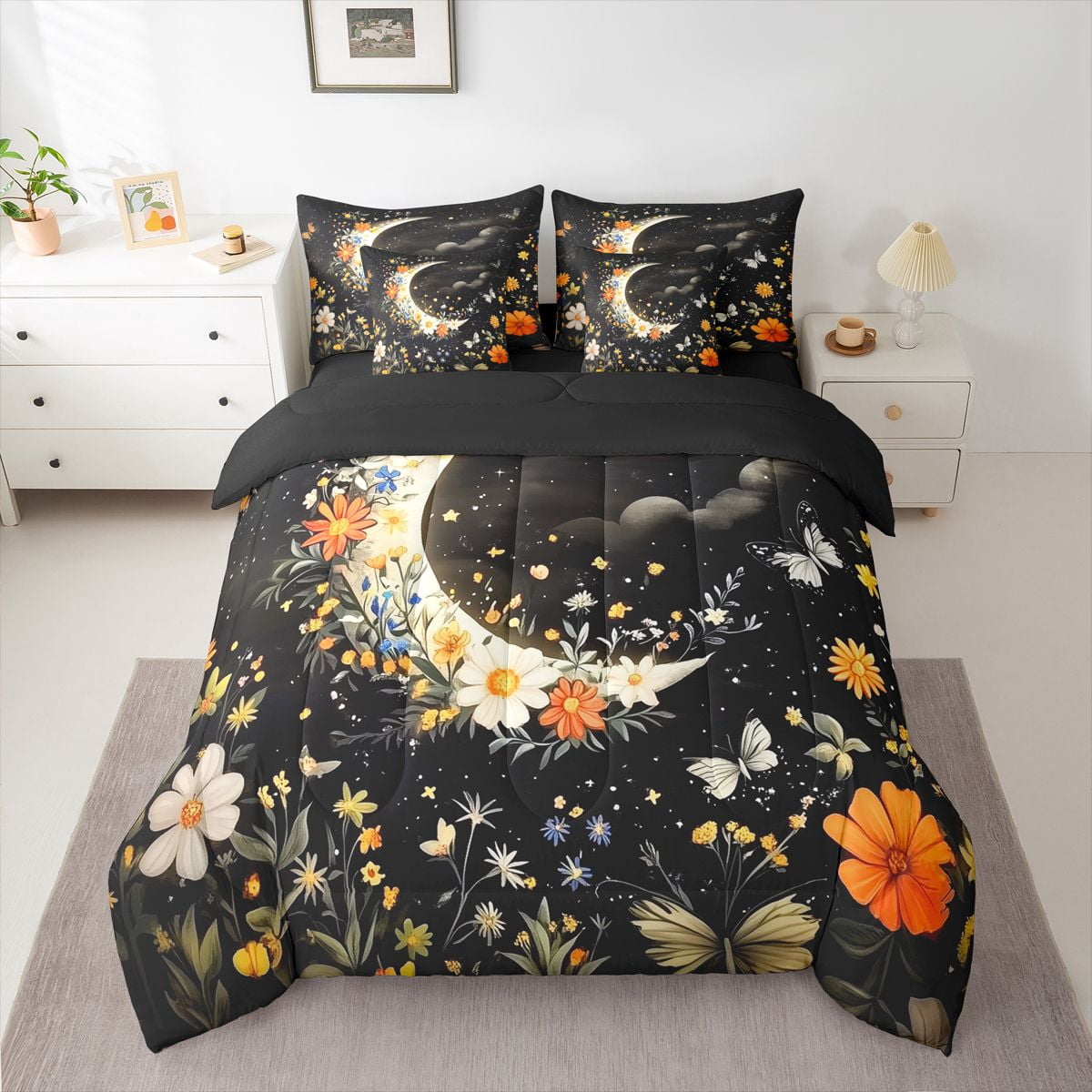 Homewish Chic Flowers 7-Piece Twin Bedding Sets For Teens Boys Girls,Floral Butterflies Bedding Comforter Set,Starry Sky Moon Breathable Sheet Sets,Luxury Bedroom Decor,Reversible
