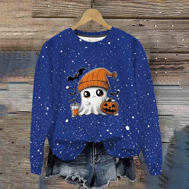 Heisall Womens Hoodies Halloween-themed Sparkling Print Round Neck Long Sleeve Fleece-lined Casual Sporty Fashion Sweatshirts