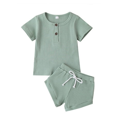 

Baby Boys Girls Summer Outfits Cotton Ribbed Knitted Short Sleeve T-shirts Tops+Shorts 2Pcs Kids Tracksuits 0-2T