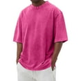 thumbnail image 2 of Domuza Cotton Shirt for Men Loose Fit Distressed Washed Casual Half Sleeve T-Shirt Summer Retro Style Crewneck Pullover Hot Pink 4XL, 2 of 4