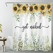 Get Naked Yellow Sunflower Shower Curtain for Bathroom,Green Eucalyptus Leaf and Rustic Botanical Wildflower Fabric Shower Curtain with Hooks,Spring Farmhouse Bathroom Curtains Shower Set,60x72 inches