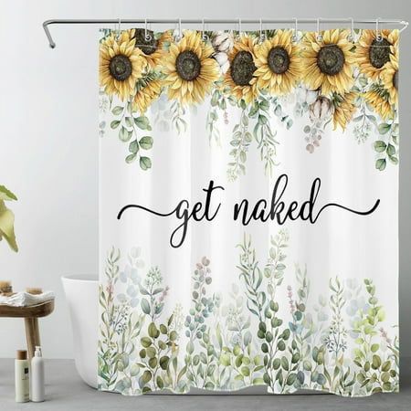 Get Naked Yellow Sunflower Shower Curtain for Bathroom,Green Eucalyptus Leaf and Rustic Botanical Wildflower Fabric Shower Curtain with Hooks,Spring Farmhouse Bathroom Curtains Shower Set,60x72 inches