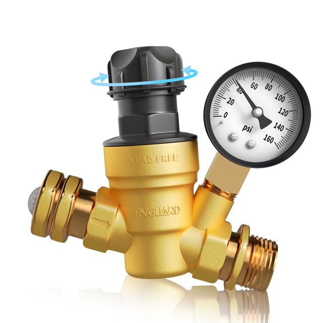 RVGUARD RV Water Pressure Regulator Valve With An Adjustable Knob, NO Tool Required, Brass Lead-Free Water Pressure Reducer with Gauge and Inlet Scree