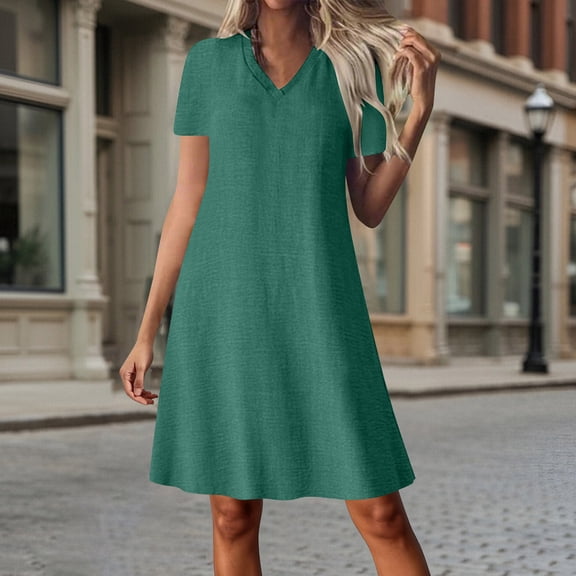 Horkkom Linen Dress Women Short Sleeve Mini Solid Color Summer Dresses Loose Vacation Casual Dresses, S-2XL