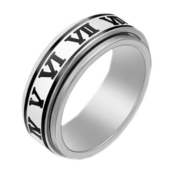 HIJONES Men's Women's Stainless Steel Anxiety Rotatable Roman Numberal Couple Wedding Ring Printed Index Finger Band Black Size 10