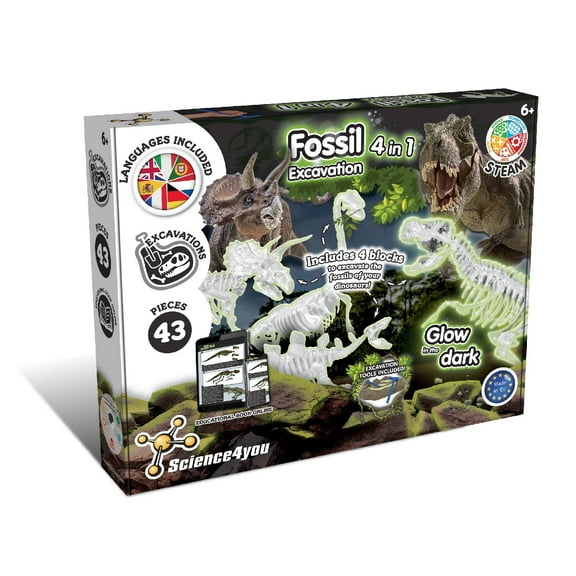 Science4you Dino Excavation Set 4 in 1 - Fossils Excavation Set for Children from 6 , Glows in The Dark, Dinosaur Game and Dino Gift for Boys and Girls from 6 7 8 9 