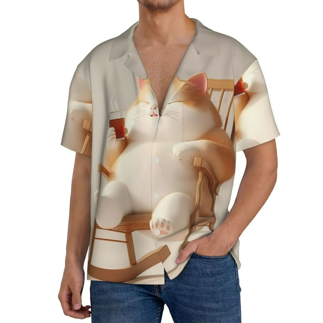 Xecao Relaxing Cat With Tea Pattern Men's Short-Sleeve Cuban Collar Button-Down Shirt with Chest Pocket Lightweight Tropical Vacation Shirt-3X-Large