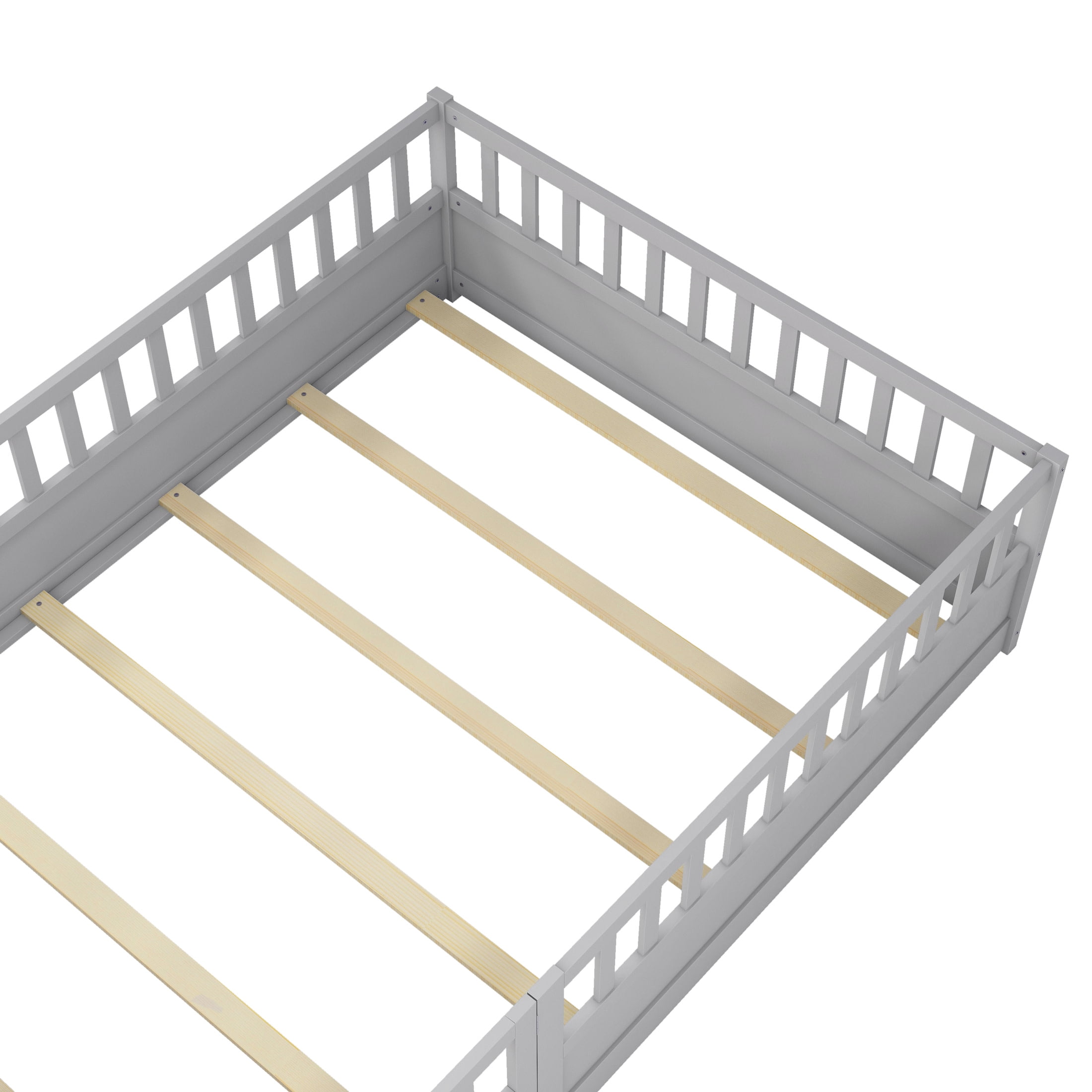 Noble House Full Size Montessori Floor Bed with Guardrails and Door, Wood Kids Bed Frame, Gray