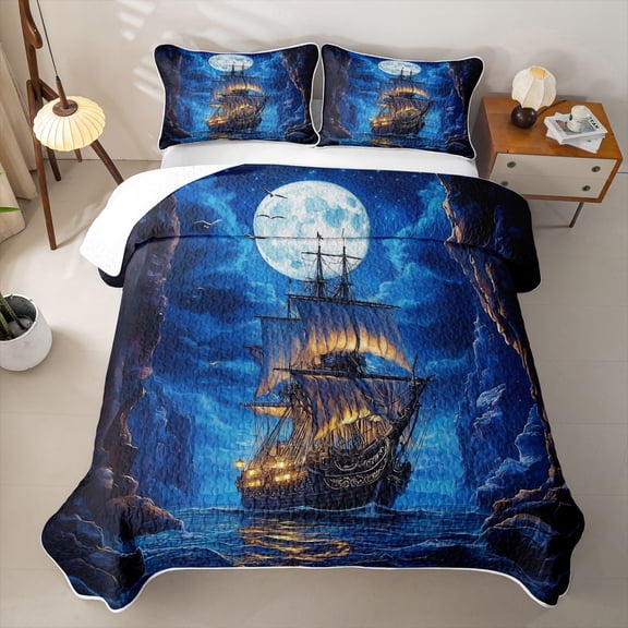 Manfei Magical Sailboat Canyon Ocean Twin Quilt Set for Boys and Girls, Nautical Fantasy Print Twin Coverlet Set, 2pcs