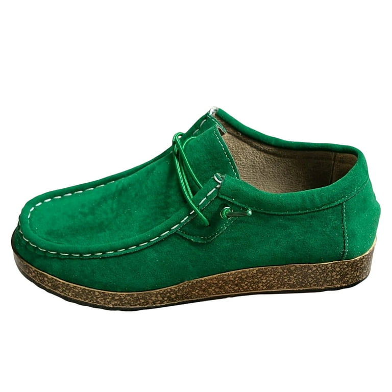 Suede Loafers for Women Wide Toe Box Comfortable Non Slip Dress Shoes Lace Up Cork Low Heel Slip On Tennis Shoes Green Size 9.5