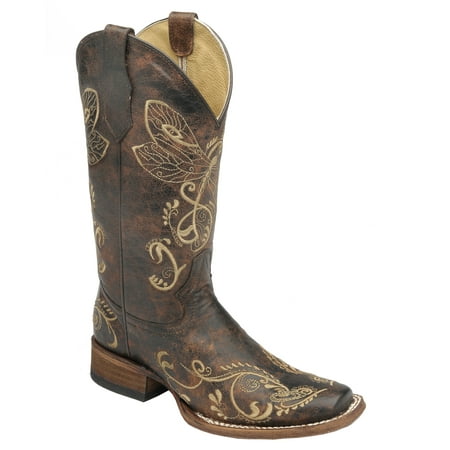 Wrap Boot Boots - Corral Women's Circle G Distressed Bone Dragonfly Embroidered Square Toe Western Boot