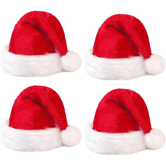 Plush Red Christmas Santa Hat, Adult Unisex, One Size Fits All, 4 Pack
