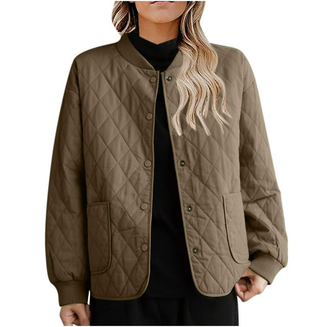 Yuyuzo 2025 Womens Quilted Jacket Long Sleeve Open Front Button Cotton Coats with Pockets Fall Solid Color Outwear