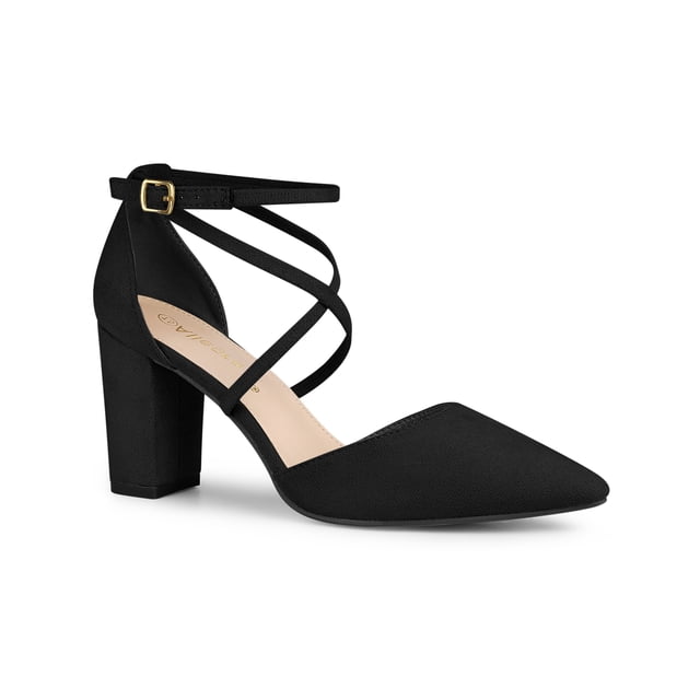 BLISSFUL STEP Escarpins à Talons Blocs à Bride Croisée à Bout Pointu pour Femmes Noir 7,5