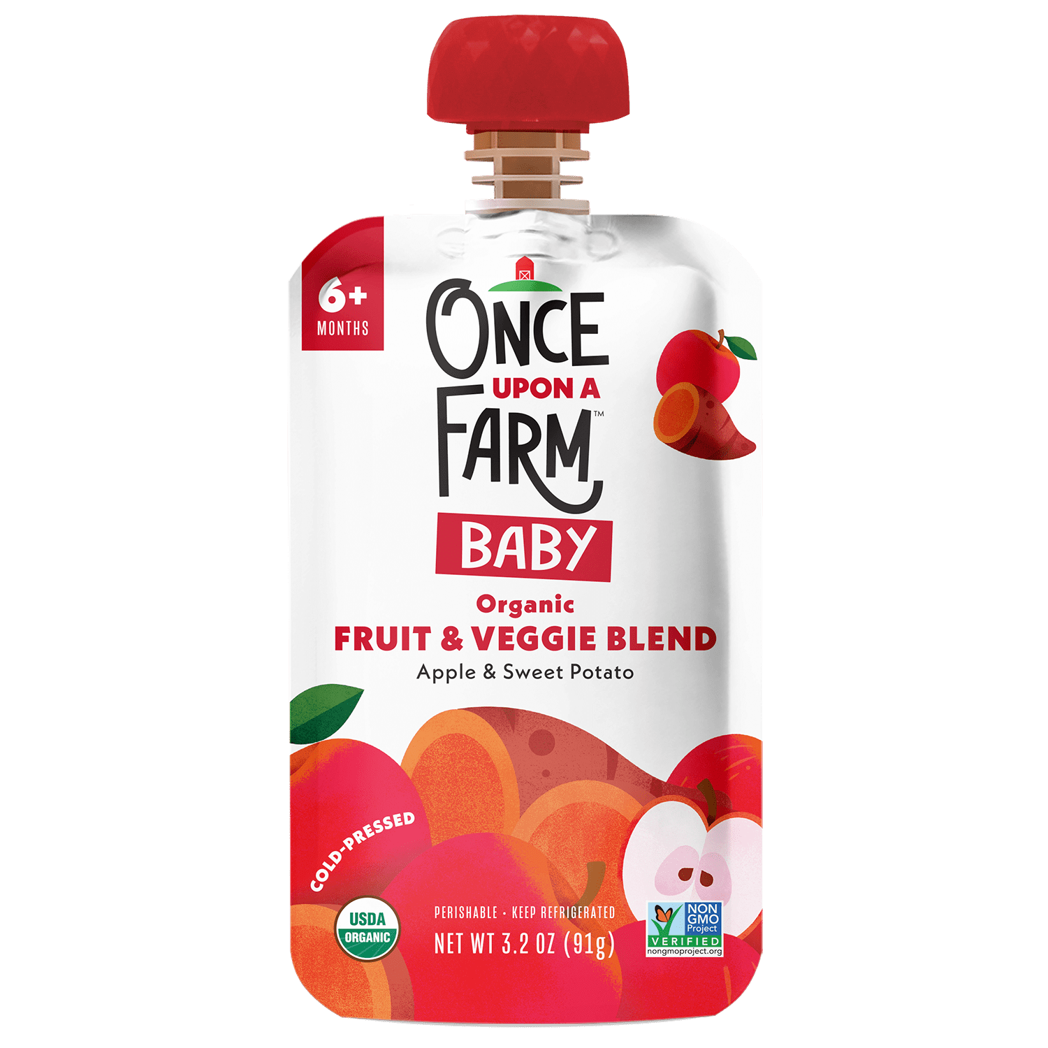Once Upon a Farm Organic Refrigerated Baby Food Fruit & Veggie Blend Apple & Sweet Potato, 3.2oz Pouch