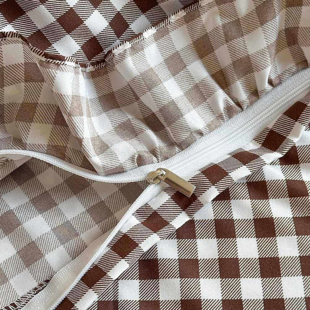 Mocha Gingham Ruffle Duvet Cover King Size, 3 Pieces Soft Pre-Washed Microfiber Checked Plaid Comforter Cover Set, Vintage Farmhouse Bedding Set(Mocha Gingham, King 104"x90")