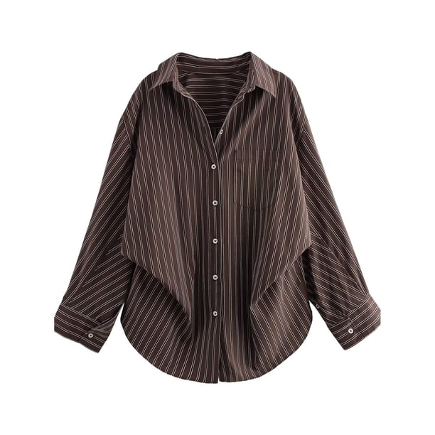 Camisa Holgada Informal de Estilo Coreano para Mujer, Ideal para Ir A la Oficina, el Fin de Semana o A Casa, Color Marrón Rayas S