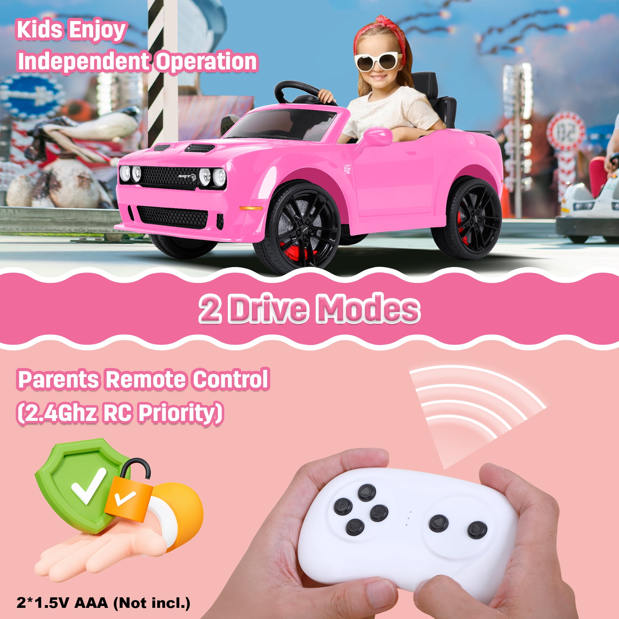 Dodge Challenger SRT Kids Ride on Car,Wisairt 12 V Battery Powered Electric Vehicle w/ Remote Control,Bluetooth,LED Lights(Pink)
