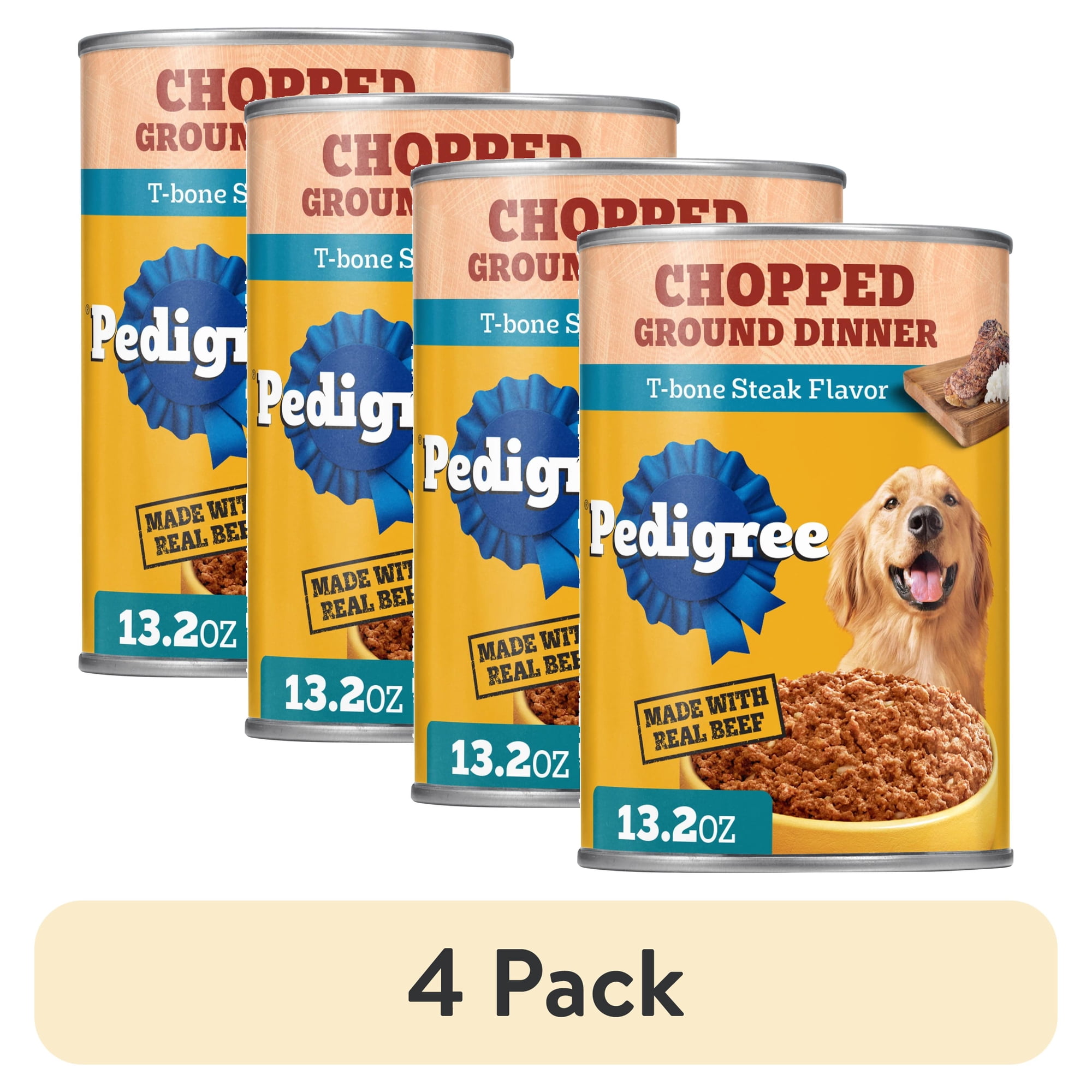 (4 pack) Pedigree Chopped Ground Dinner T-Bone Steak Flavor Adult Wet Dog Food, (12) 13.2 Oz Cans