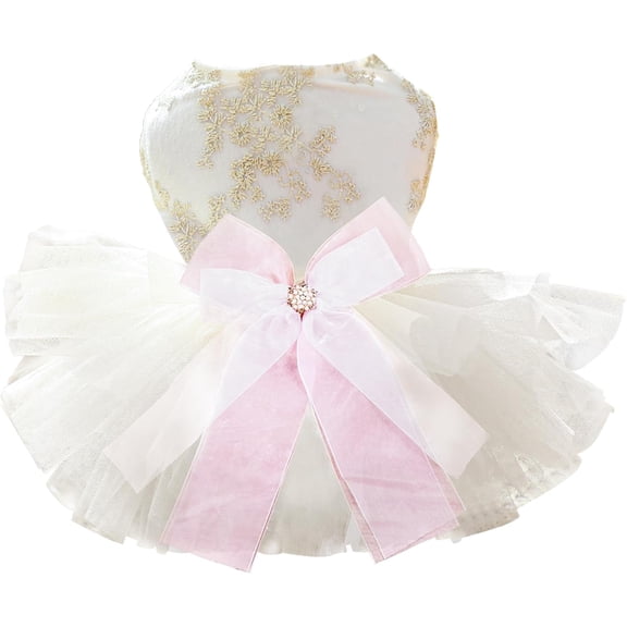 Embroidered Dog Wedding Outfit, Princess Dress for Small Dog Tulle Puppy Skirt with Pink Bow Doggie Cat Birthday Dress Champagne Clothes (X-Large, Wedding)