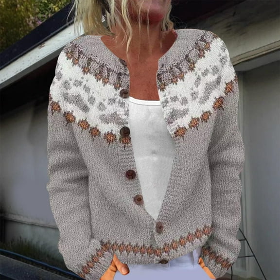 Fair Isle Sweater Cardigan for Women Long Sleeve Button Down Open Front Pullover Christmas Knitted Outwear Coat