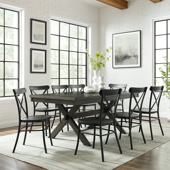 Modern Farmhouse Dining Set - 9 Piece Table & Chair Set, Extendable Dining Table with 8 Chairs, Matte Black & Slate Finish
