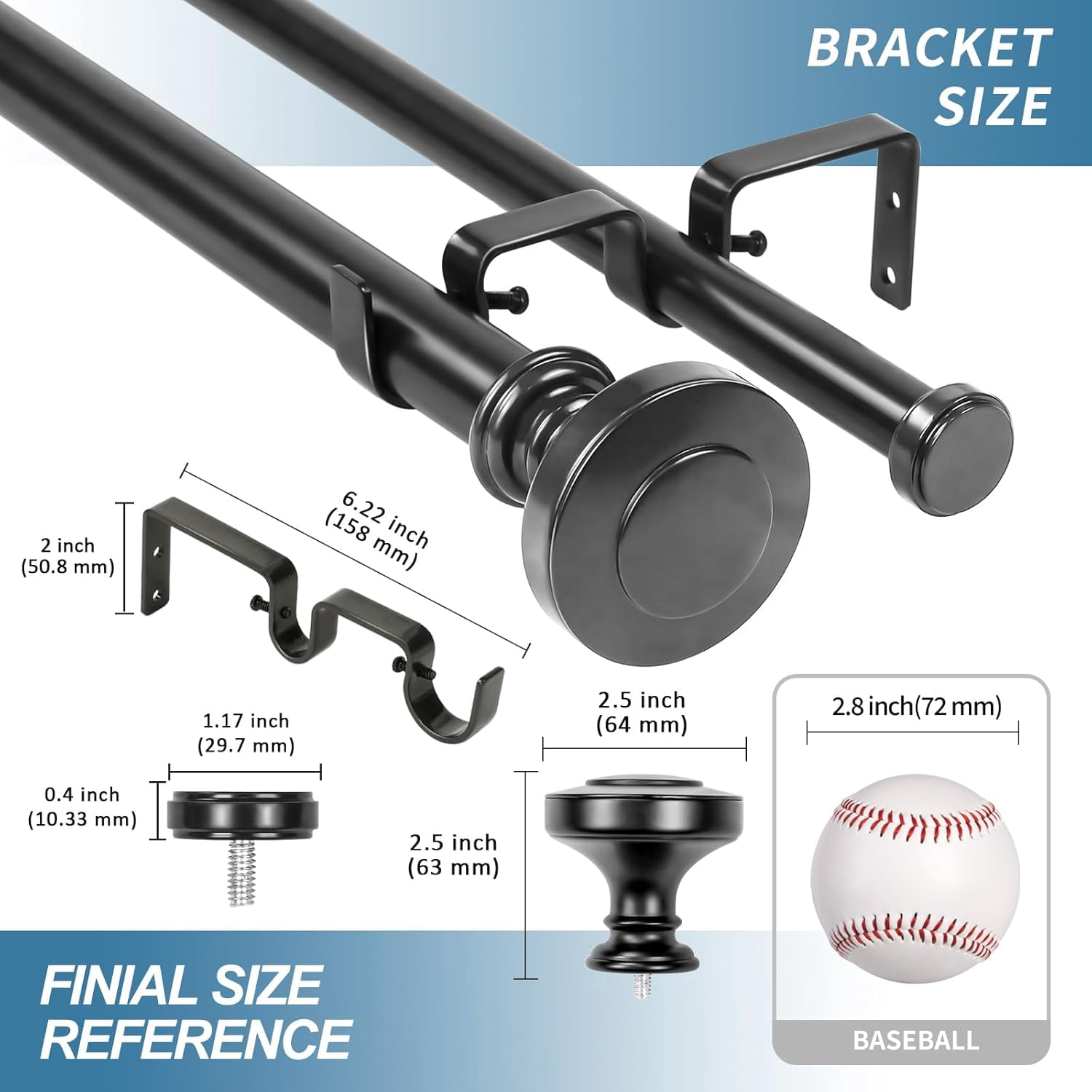 Urbanest Adjustable Double Curtain Rod Set Semplice Flat Button Finials – 1″ Front & 3/4″ Back Rod With Black Rod, 84–120 Inches