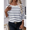 thumbnail image 4 of Womens 3/4 Length Sleeve Tops Striped Boat Neck Shirt Frenchy Cotton Tees Blue S, 4 of 6
