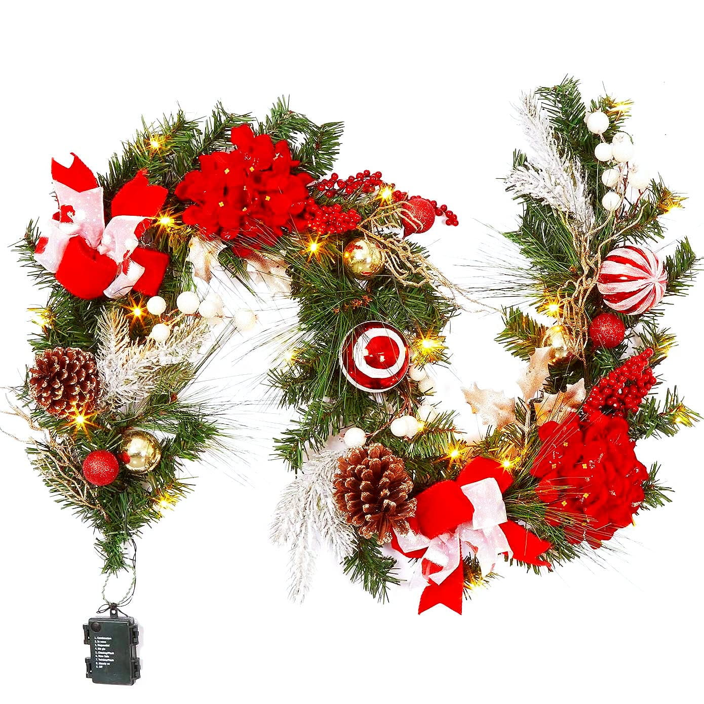 Shininglove 6FT Christmas Garland with Lights, Prelit Artificial
