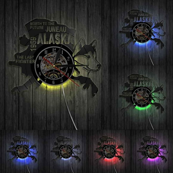 The Last Frontier Alaska Decor USA Cityscape Vinyl Record Clock North To The Future Juneau Modern Vintage Gift Alaska Dog Decor