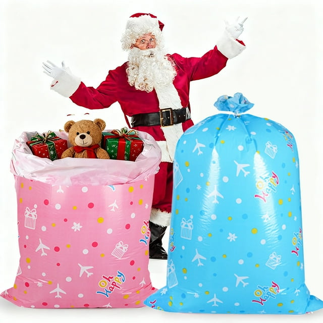 Large Christmas Gift Bags with Drawstring - 3 Pack of 56x36 Inch Plastic Holiday Sacks for Wrapping Presents and Party Favors